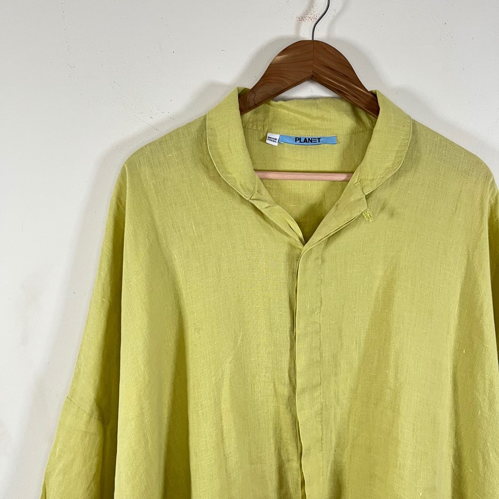 Planet By Lauren G Linen Chartreuse Green Signature Shirt Lagenlook USA Made OS - Picture 4 of 8